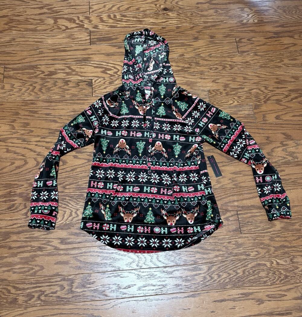 No Boundaries Women's Black Christmas Tree Reindeer Plush Hoodie Sweatshirt Sz L